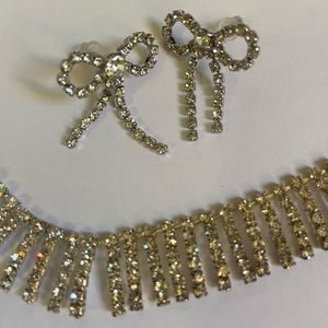 Vintage Rhinestone Necklace Earring  Set & Bow earring 🥈